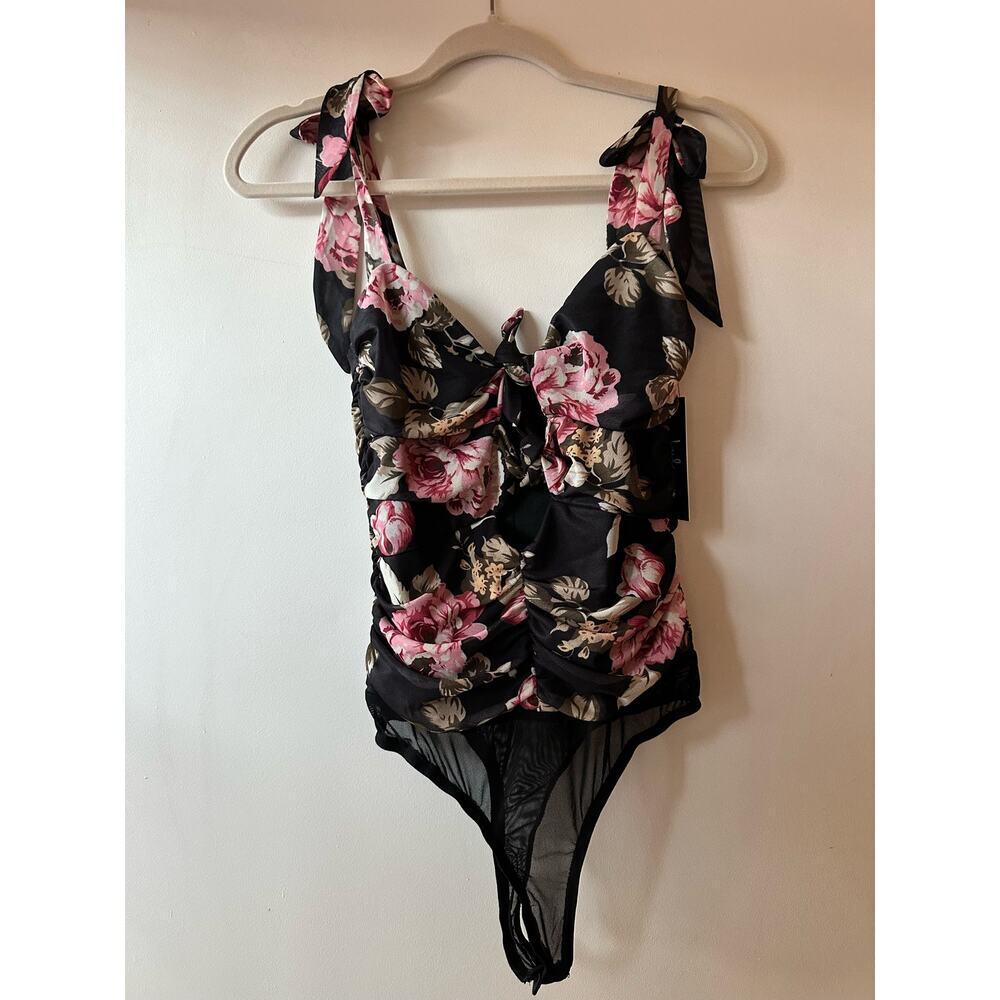 NWT Lulus Keep Blooming‎ Black Floral Cutout Knotted Tie Mesh Bodysuit Size S